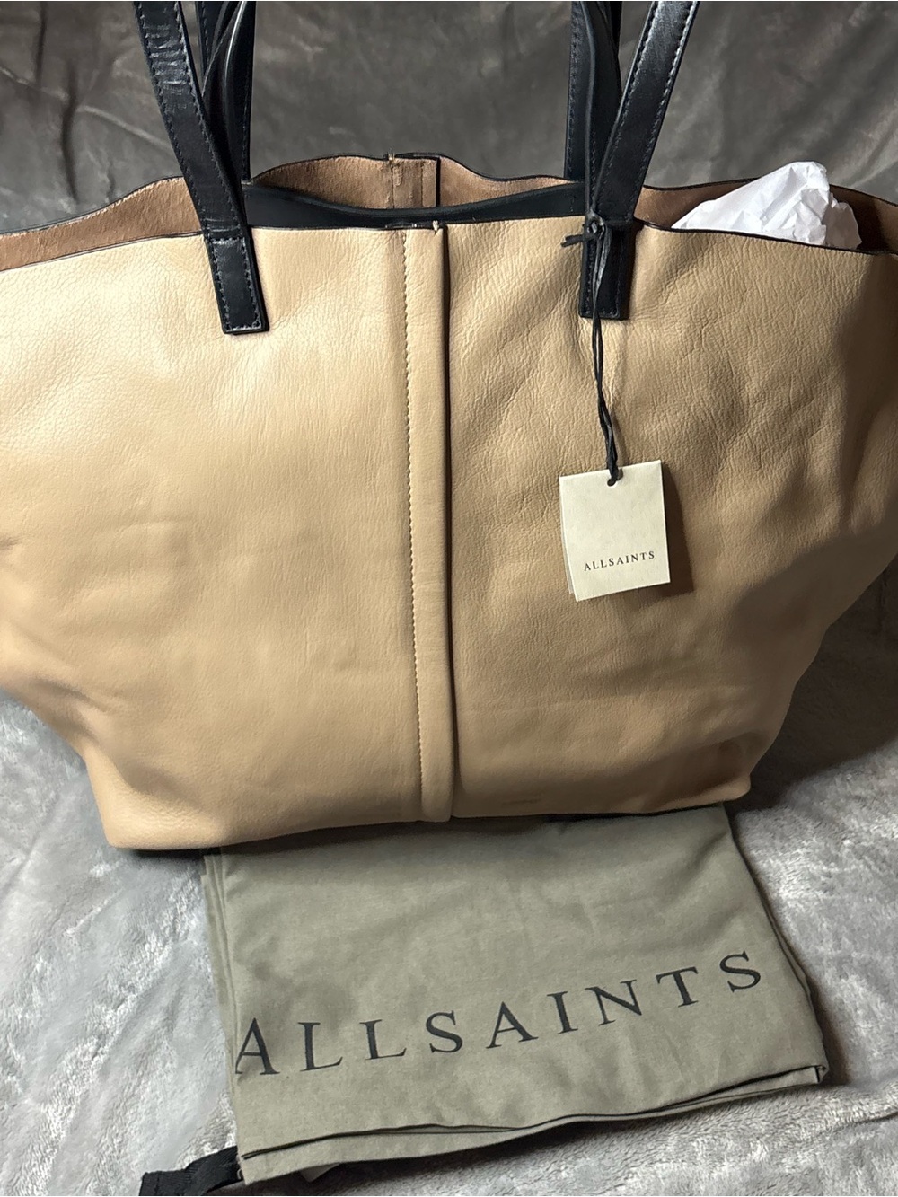 All Saints Two-Tone Beige Leather Tote with Black Handles